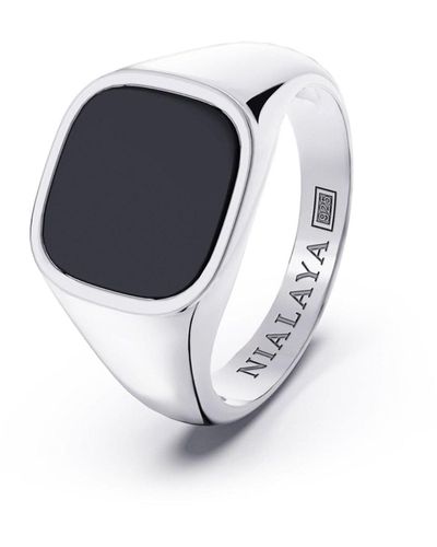 Nialaya Sterling Signet Ring With Black Onyx - Metallic