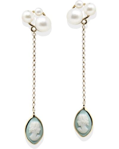 Vintouch Italy Lilith Gold-plated Green Cameo And Pearl Drop Earrings - Multicolor