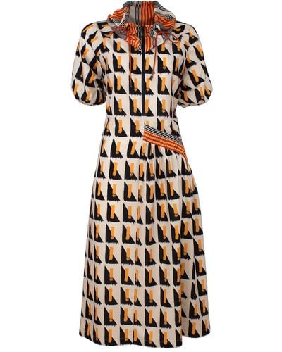 Lalipop Design Geometric Print Midi Dress With Puff Sleeve - Multicolour