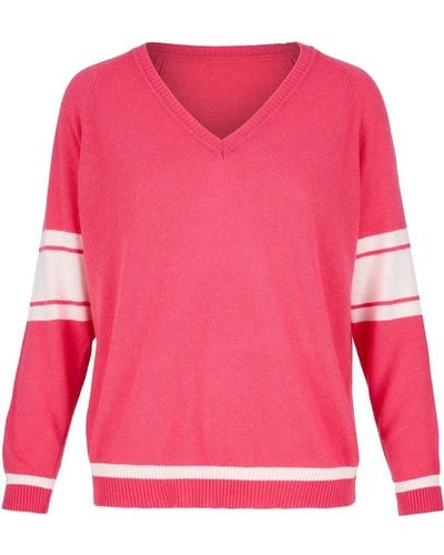 At Last Cashmere Mix Sweater In Coral With Cream Arm & Hem Stripes - Pink