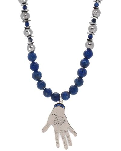 Ebru Jewelry Lapis Lazuli & Hematite Stone Sterling Silver Hamsa Pendant Beaded Necklace - Metallic