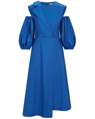 Femponiq Asymmetric Lapel A-line Cotton Dress - Blue