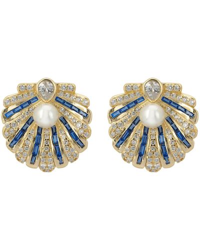 LÁTELITA London Art Deco Scallop Shell Earrings Sapphire Blue With Pearl Gold - Metallic