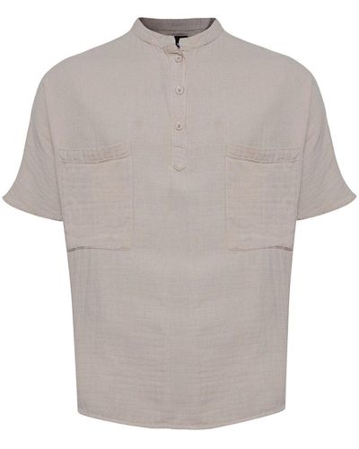 Monique Store Linen Mandarin Neck Half Button, Two Chest Pockets Shirt Beige - Gray