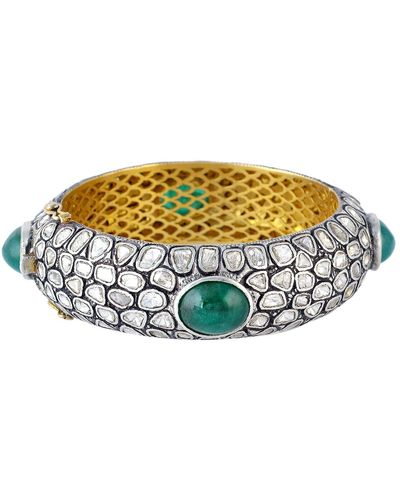 Artisan Solid 14k Gold Sterling Silver With Natural Rose Cut Diamond & Oval Emerald Victorian Bangle - Multicolor