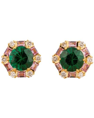 Juvetti Melba Gold Earrings Emerald, Pink Sapphire & Diamond - Green