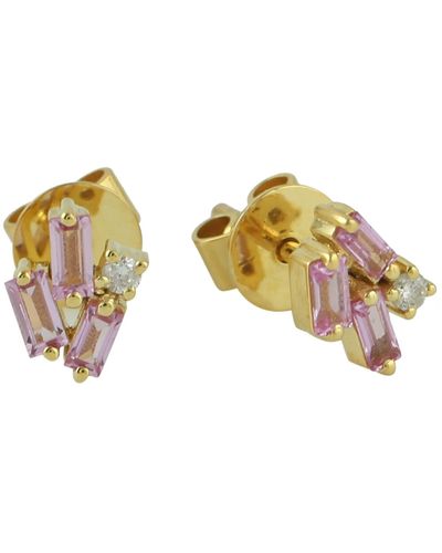 Artisan Pink Baguette Sapphire Gemstone & Diamond Prong In 18k Gold Stud Earrings - Yellow