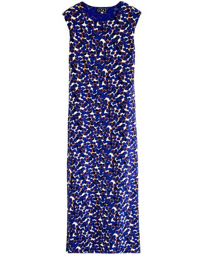 L2R THE LABEL Shoulder Pad Printed Jersey Dress In - Blue