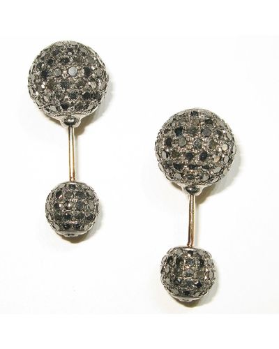 Artisan Black Diamond Bead Ball Double Side Earrings In 18k Gold & Sterling Silver - Metallic