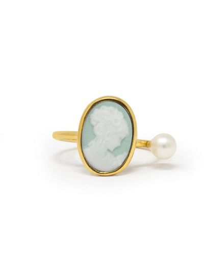 Vintouch Italy Gold-plated Green Mini Cameo Ring With A Pearl - Metallic