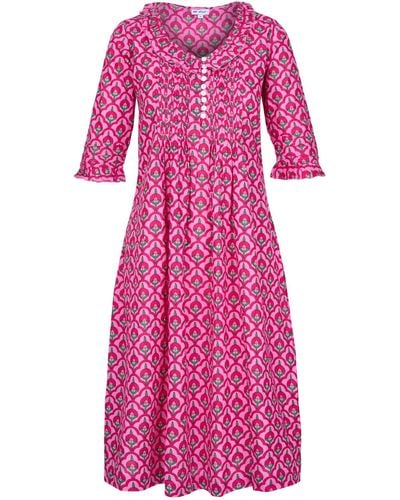 At Last Cotton Karen 3/4 Sleeve Day Dress In Pink & Green Moroccan