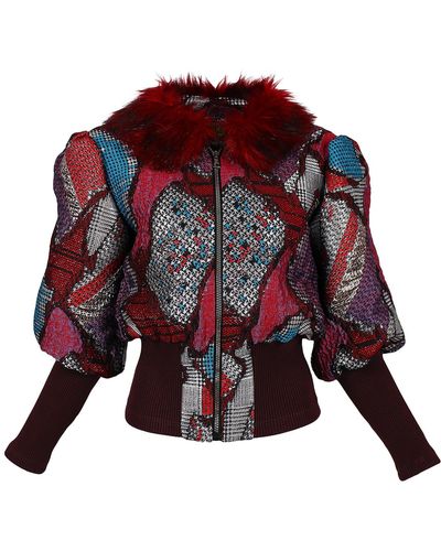Lalipop Design Jacquard Bomber Jacket With Faux Fur Collar - Red