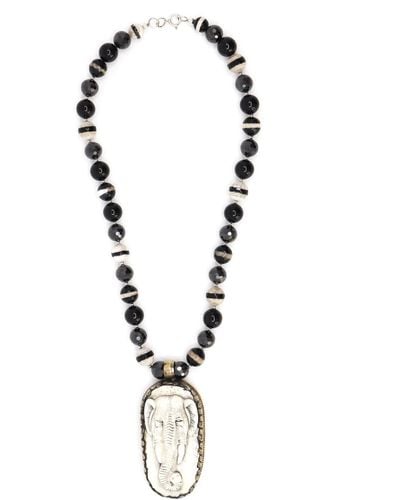 Shar Oke / Neutrals Black Cubic Zirconia, Onyx, Tibetan Agates & Elephant Bone Pendant Beaded Necklace - Metallic
