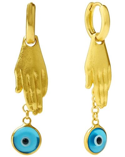 Ottoman Hands Angelica Hand & Evil Eye huggie Earrings - Blue