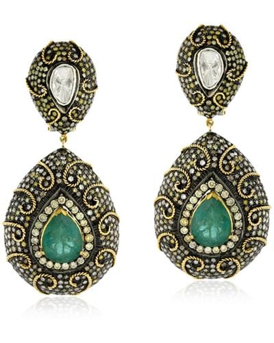 Artisan Emerald Dangle Earrings 14k Yellow Gold 925 Sterling Silver Jewelry - Green