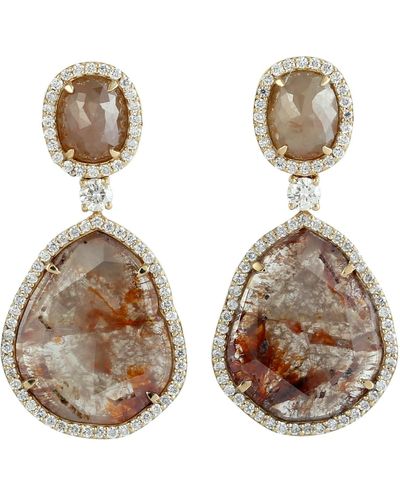 Artisan Natural Ice Diamond & Slice Diamond In 18k White Gold Designer Dangle Earrings - Brown
