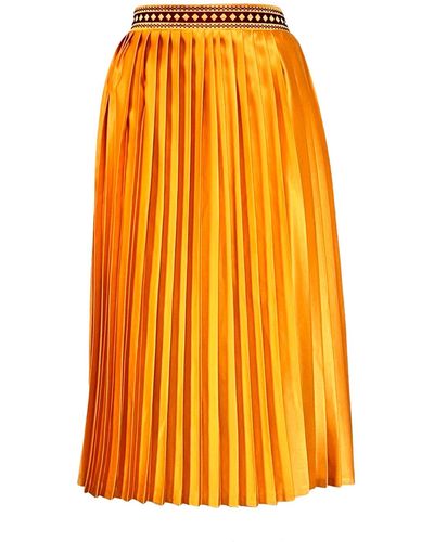 L2R THE LABEL Embroidered Pleated Midi Skirt In Mustard Yellow - Orange