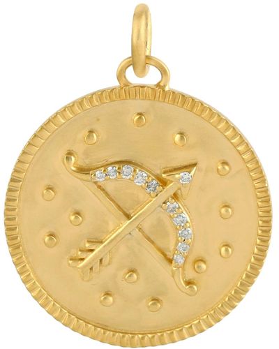 Artisan 14k Solid Yellow Gold In Pave Diamond Sagittarius Zodiac Charm Pendant - Metallic
