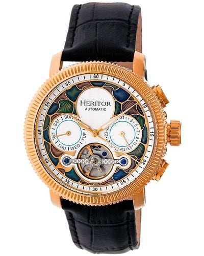 Heritor Aura Semi-skeleton Leather-band Watch With Day And Date - Metallic