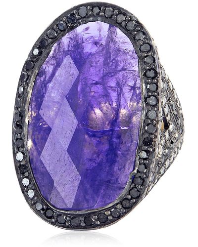 Artisan 18k Solid Gold & Silver In Black And White Diamond With Tanzanite Cocktail Ring - Purple