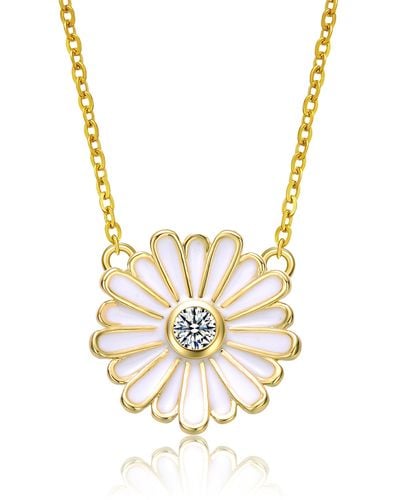 Genevive Jewelry Rachel Glauber Yellow Gold Plated With Cluster Cubic Zirconia White Enamel Mini Daisy Pendant Layering Necklace - Metallic