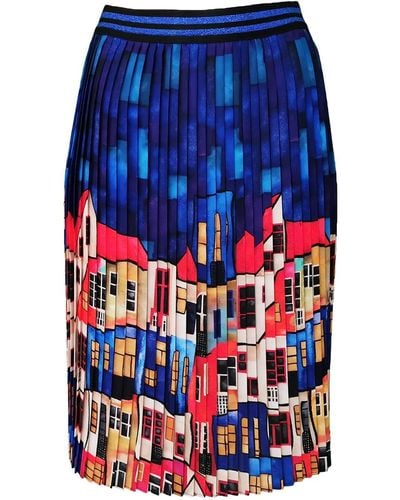Lalipop Design Multi-color Pleated Midi Skirt With House Pattern - Blue