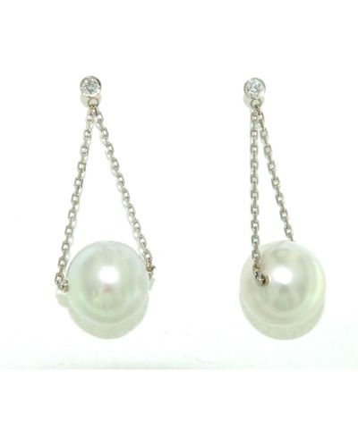 Artisan 18k Gold With Bezel Set Diamond & Pearl Ball Chain Loop Dangle Earrings - Green