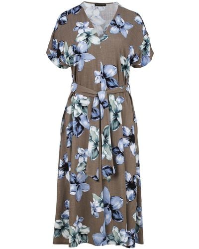 Conquista Linen Style Floral Print Midi Dress With Belt - Blue