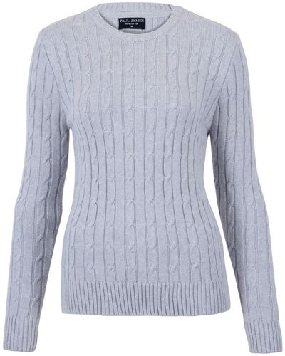 Paul James Knitwear S Cotton Crew Neck Taylor Cable Sweater - Blue
