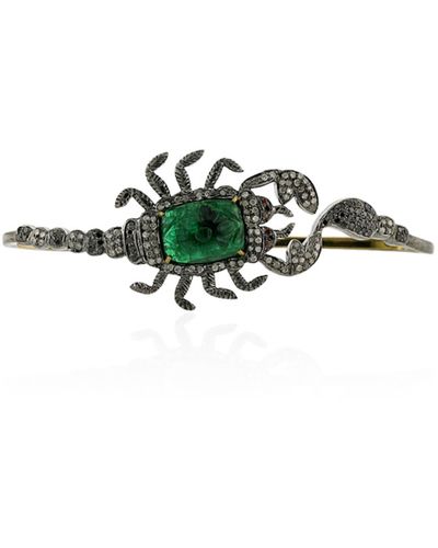 Artisan 18k Gold With 925 Silver In Carved Emerald & Pave Diamond Scorpio Shape Charm Palm Bracelet - Green