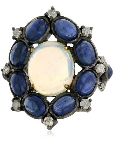 Artisan Sapphire Opal Diamond 18k Gold 925 Sterling Silver Handmade Ring Jewellery - Blue