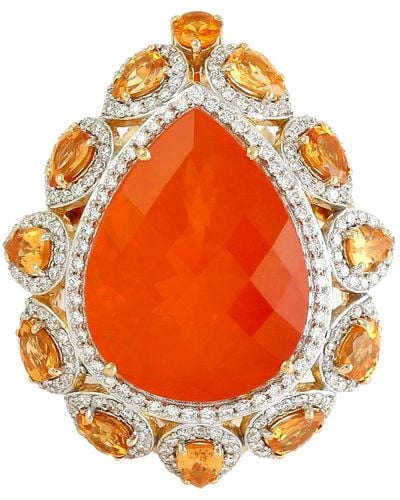 Artisan Natural Diamond 18k Gold Pearl Shape Fire Opal Cocktail Ring Garnet Spessartite Garnet Mandarin - Orange