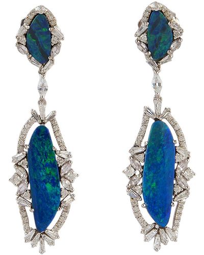 Artisan 18k White Gold Diamond Opal Doublet Sapphire Dangle Drop Earring - Blue