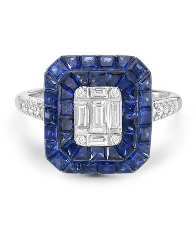 Artisan 18k White Gold Natural Blue Sapphire Baguette Diamond Cocktail Ring
