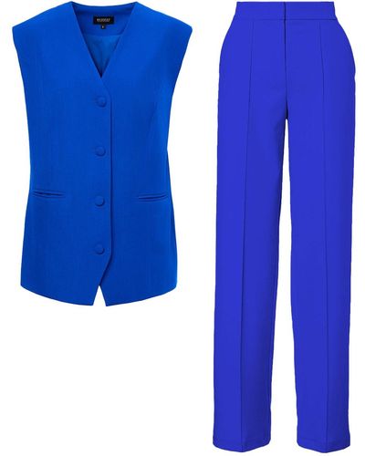 BLUZAT Electric Suit With Oversized Vest And Stripe Detail Pants - Blue