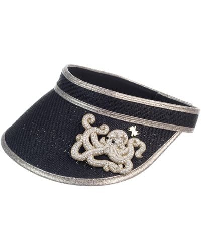 Laines London Straw Woven Visor With Beaded Octopus Brooch - Black