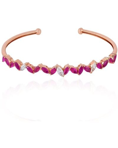 Artisan 18k Solid Rose Gold With Marquise Shape Ruby & Diamond Handmade Cuff Bangle - Red