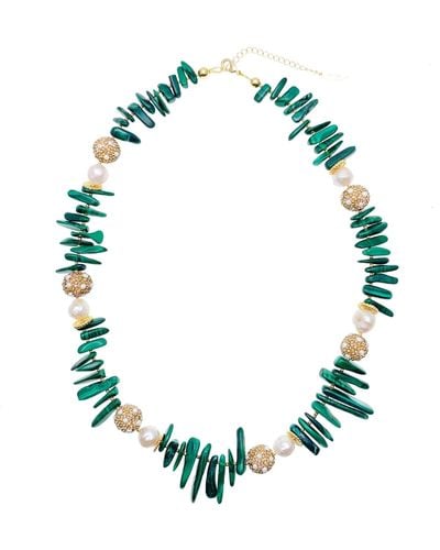 Farra Malachite With Freshwater Pearls And Rhinestones Statement Necklace - Green