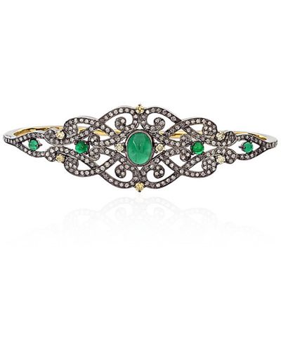 Artisan Bezel Set Emerald & Diamond In 18k Solid Gold With Silver Palm Bracelet Indian Wedding Jewelry - Green