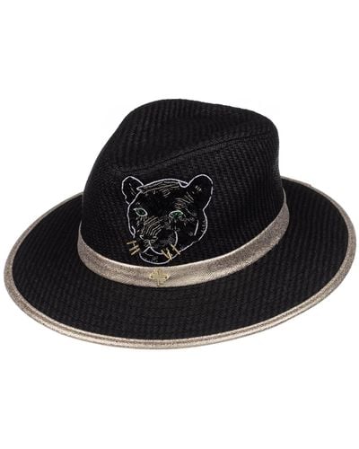 Laines London Straw Woven Hat With Couture Embellished Panther Design - Black