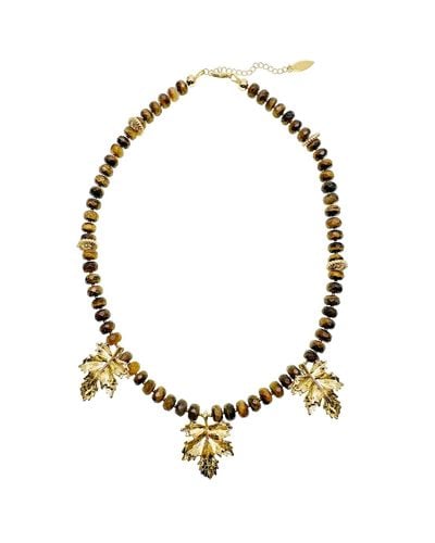 Farra Tiger Eye With Maple Leaves Pendants Statement Necklace - Metallic