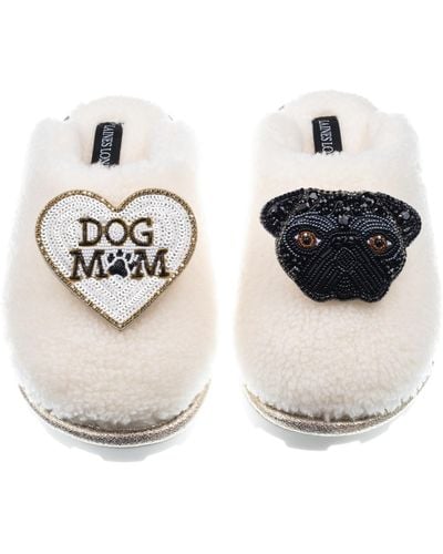 Laines London Teddy Closed Toe Slippers With Snoopy Pug & Dog Mum / Mom Brooches - Metallic