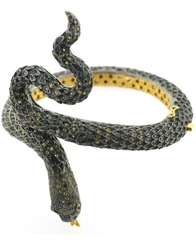 Artisan Gold Sterling Silver Sapphire Pave Diamond Snake Bangle Handmade Jewelry - Metallic