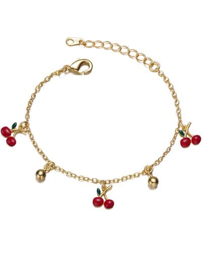 Genevive Jewelry Rachel Glauber Yellow Gold Plated Adjustable Bracelet With Red Enamel Cherry Charms For Kids - Metallic