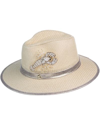 Laines London Straw Woven Hat With Pearl Beaded Lobster - Natural