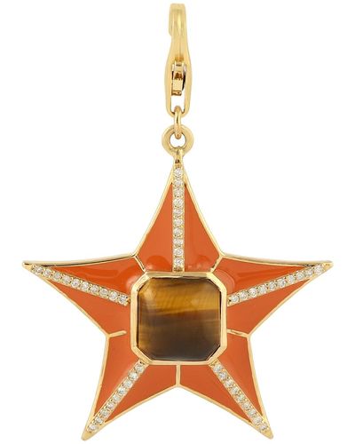 Artisan 18k Solid Gold In Bezel Set Tiger Eye & Pave Diamond Star Enamel Pendant - Brown