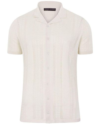 Paul James Knitwear S Ultra Fine Cotton Santiago Open Knit Cuban Collar Shirt - White