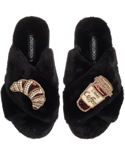 Laines London Classic Laines Slippers With Coffee Cup & Croissant Brooches - Black