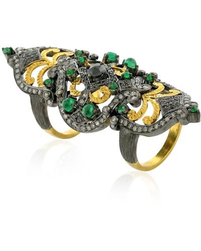Artisan 18k Yellow Gold Emerald Diamond 925 Sterling Silver Knuckle Ring - Green