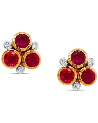 Trésor Ruby Round And Diamond Stud Earring In 18k Yellow Gold - Multicolor
